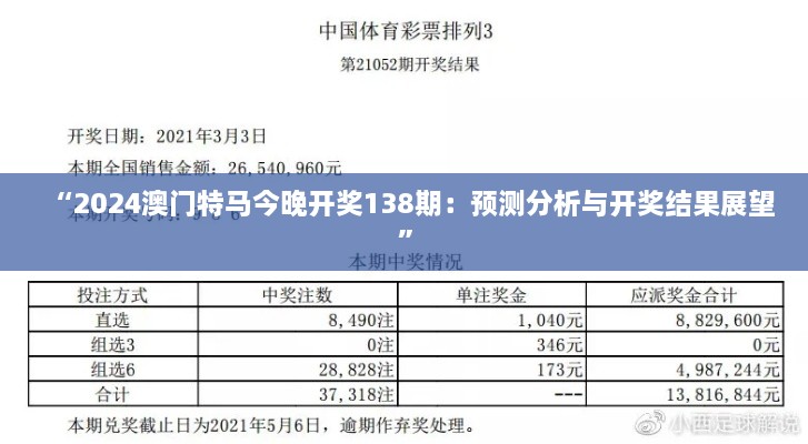 “2024澳门特马今晚开奖138期：预测分析与开奖结果展望”