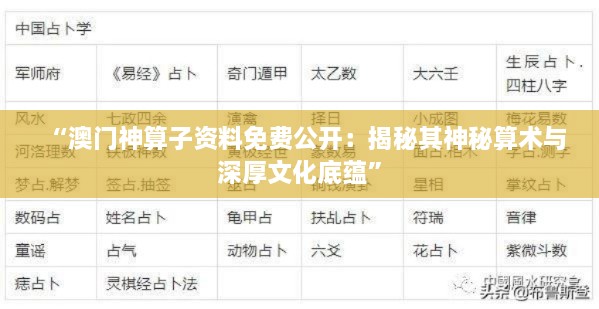 “澳门神算子资料免费公开：揭秘其神秘算术与深厚文化底蕴”